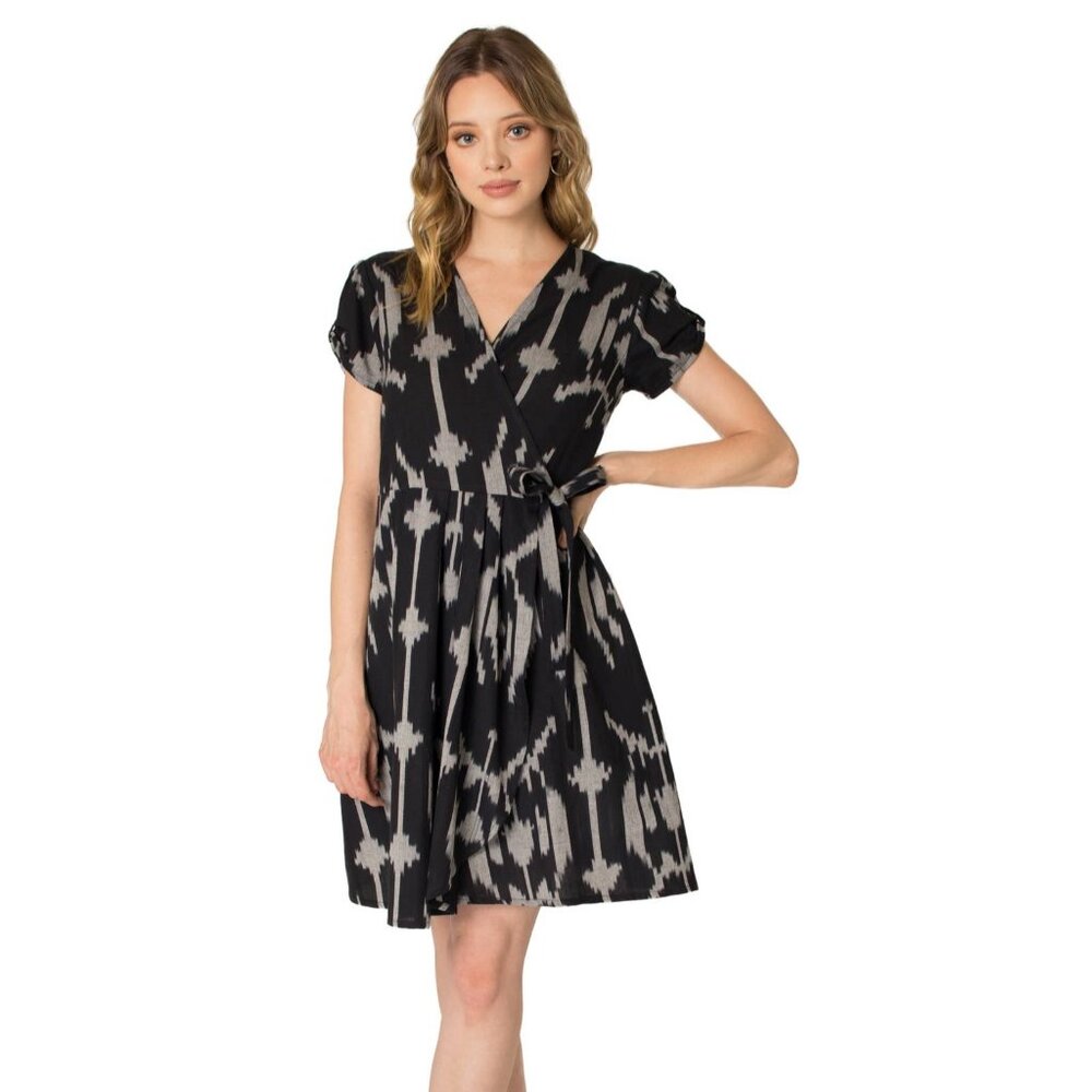 Fair Trade Genuine Ikat Black Cotton Wrap Dress NWT Extra Small Passion Lilie